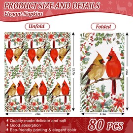 JarThenaAMCS 80Pcs Christmas Guest Napkins Cardinal on Branch Disposable Paper Napkin Watercolor Seasonal Dinner Hand Napkin for Kitchen Bathroom