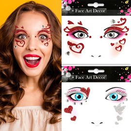 Valentine's Day Heart Glitter Face Tattoos Stickers Set Valentines Pigeon Heart Eye Body Temporary Tattoo Glitter Gem Fake Tattoo Decals for Women Valentines Festival Stage Masquerade Party Supplies