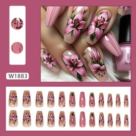 Lily Flower Press on Nails Pink False Nails Full Cover Long Coffin Nails Glossy Acrylic Fake Nails Artificial Stick on Nails for Women