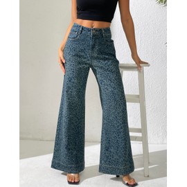 heipeiwa Women's Leopard Rhinestone Flare Jeans High Waist Bell Bottom Wide Leg Baggy Stretch Denim Pants