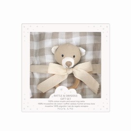 MON AMI Gingham Bear-Swaddles & Rattle Gift Set – Soft 47" Cotton Muslin Blanket for Newborns, Tummy Time, Sunshield, Nursing Cover & Privacy Throw with 6" Plush Rattle
