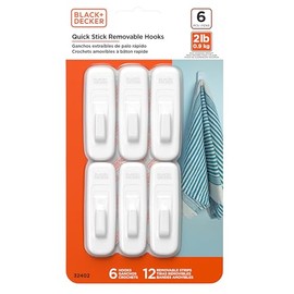 BLACK+DECKER Solid Wall Hooks, Quick Stick Adhesive, Removeable, 6 Wall Hooks, 12 Adhesive Strips, Hang Decorations Without Damaging Walls, up to 2 lbs., White