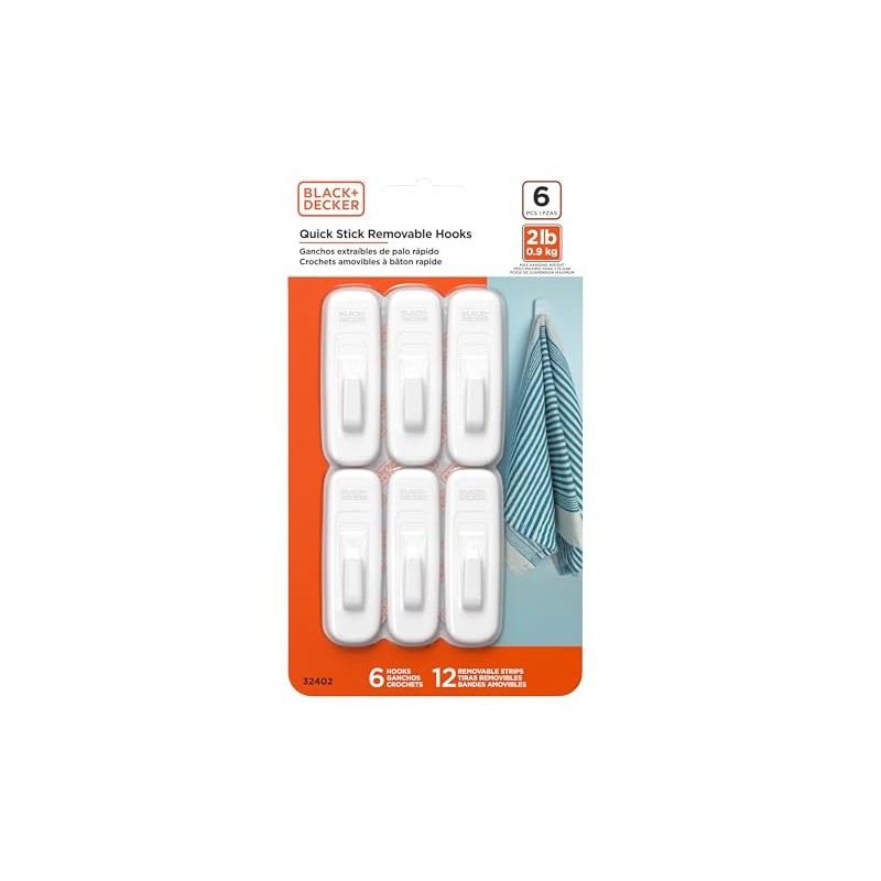 BLACK+DECKER Solid Wall Hooks, Quick Stick Adhesive, Removeable, 6 Wall