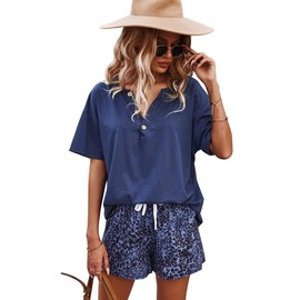 CORSKI Women's Loungewear Set Solid Color Short Sleeve Tops Leopard Shorts 2 Piece Sweatsuit Athletic Tracksuit Blue L