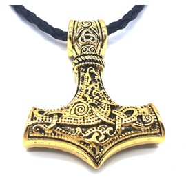 AB Viking Crafts Vikings Viking Mjölnir Thor's Hammer Pendant Metal Gold with Leather Collar in Jewellery Bag, Metal