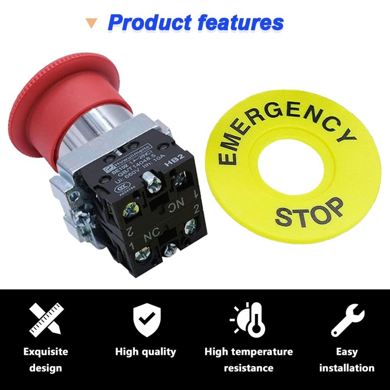 DKARDU 2NC 22mm Emergency Stop Push Button Switch Red Mushroom