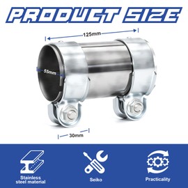 KINETOX Exhaust Pipe Stainless Steel Pipe Connector Double Clamp Exhaust Clamp Suitable for Exhaust Pipes 55 mm Pipe Connector Exhaust Insert in Various Exhaust Systems Diameter 55 mm Length 125 mm
