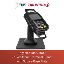 ENS Tailwind Ingenico Lane/5000 V2 7" Latch and Lock Flexipole Plus Pole Mount Terminal Stand with Square Freestanding Mobility Base Plate, Black