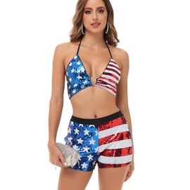 Anna-Kaci Women USA Flag Halter Backless Camis Streetwear Club Patchwork Camisole Crop Top,Large,Sequin Red