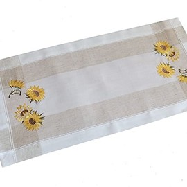 Table Runner 40 x 90 cm Ecru Beige / Colourful Embroidery "Sunflowers"
