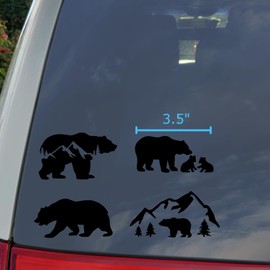Bear Decal 4 Pack: Bear Mountain Silhouette, Momma Bear and Cubs, Walking, Mountain Bear (Black, Small ~3.5")