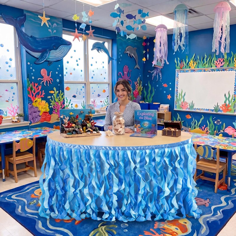 Windkream 6 ft Ocean Table Skirt for Teacher Desk Ocean