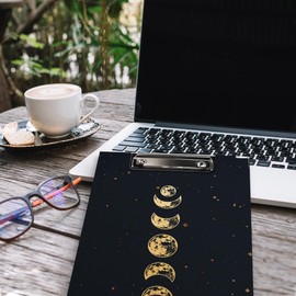 QLMX Gothic Moon Phase Clipboard Folio with Storage, Witchy Moon Decorative Clipboard Folder, Gothic Black Gold Clipboards for Women, Witchy Gifts Office Supplies, 12.4x9.2In