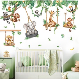 decalmile Jungle Animal on Swings Wall Stickers Safari Animal Elephant Giraffe Monkey Tropical Leaves Wall Decals Baby Nursery Kids Room Wall Decor