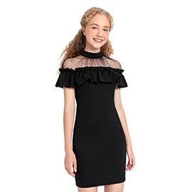 WDIRARA Girl's Mesh Ruffle Trim Short Sleeve Mock Neck Bodycon Short Dress Black 10-11Y