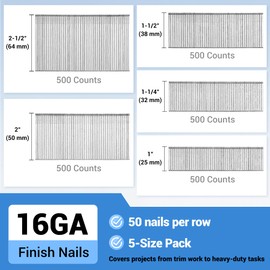 meite 16 Gauge Finish Nails 5 Sizes Assorted Set 2,500PCS Galvanized Straight Finish Nails for Pneumatic Cordless Finish Nailer on Crown Molding Cabinetry (1", 1-1/4", 1-1/2", 2", 2-1/2" Each 500PCS)