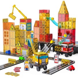 SKTMYY Magnetic Tiles Construction Toys with Road & Crane & Marble Run, Double-Sided Fire Station & Building Magnet Tiles for Kids Ages 4-8, STEM Magnetic Blocks Gifts for 3 4 5 6 7 8 Year Old Boys