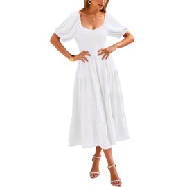 PRETTYGARDEN Womens Smocked Top V Neck Spring Dresses for Wedding Guest Short Sleeve Casual Tiered Maxi Dress Long Dresses (White,XX-Large)