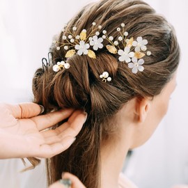 6PCS Gold Leaf Wedding Hair Pins Pearl Hair Jewelry Accessories Flower Headpiece Crystal Vintage Elegance Wedding Hair Styling Pins for Women Brides Bridesmaids and Flower Girls