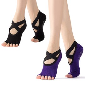 Xrten 2 Pairs Women Yoga Socks,Non-Slip Five Toe Socks,Pilates Socks with Grips,Toeless Anti Slip No Show Ankle Sock for Pilates,Ballet,Dance,Workout,Fitness