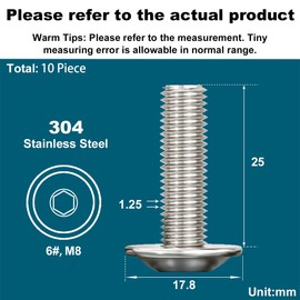 Drenky 10 Pcs M8 Bolts 304 Stainless Steel Screws M8 X 25mm Bolts Pan Head Screws Fully Thread Machine Screws with Flat Head, Rustproof Rounded Head Screws with Flange And Hexagon