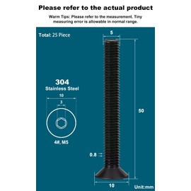 Drenky Black Socket Countersunk Screws M5 X 50mm 304 Stainless Steel Hex Socket Countersunk Bolts DIN 7991 / ISO 10642 Machine Screws Rustproof Flat Head Hex Socket Cap Screws (Pack of 25)