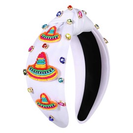 Mexican Headband for Women Cinco De Mayo Headband Beaded Fiesta Knotted Headbands Embellished Rhinestone Crystal Wide Top Knot Headbands Mexican Holiday Hair Accessory Party Favors Gifts (Sombrero)