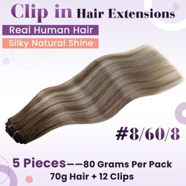 LaaVoo Clip-In Real Hair Extensions, Balayage Blonde, Remy Extensions, Ombre Light Brown to Platinum Blonde, Natural Hair Extensions, 5 Pieces, 70 g, 45 cm, #8/60/8