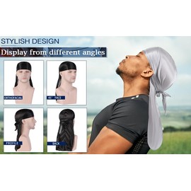 Fxhixiy Men Women Durag Extra Long-Tail Headwraps Silky Satin Pirate Cap Bandana Hat for 360 Waves