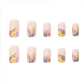 Medium Press on Nails Square Fake Nails with Colorful Floral Designs Nude Nails Press ons Glossy Glue on Nails Spring False Nails Cute Acrylic Nails Artificial Stick on Nails for Women 24Pcs
