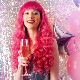 rookea Hot Pink Wave Wig for Women with Heart Sunglasses, Neon Long Curly Wavy Wigs with Hair Cap Colorful Big Wavy Curls Funny Hair for Cosplay Birthday Bachelor Party Halloween Christmas Costume