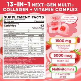 2Pack Sugar-Free Hydrolyzed Collagen Peptide Filled Gummies for Women & Men, with 1500mg Protein Type I,II,III,V,X, 5000mcg Biotin Vitamin C A E D3 B6 B12 for Immune Digestion Skin Hair Nails, Bone