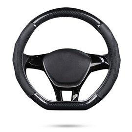 Ergocar Car Steering Wheel Cover Non-Slip Car Steering Wheel Protector Sport D-Shape Carbon Fiber & First Layer Cowhide Universal for Diameter 38cm(15")