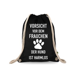 Turnbeutelliebe® Gym Bag with Saying "Vorsicht vor dem Frauchen der Hund ist harmlos" Cotton Black Sports Bag Backpack 37 x 46 cm, black