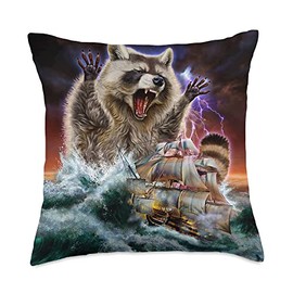 Monster Raccoon as Kraken Attack a War Ship at High Seas Throw Pillow