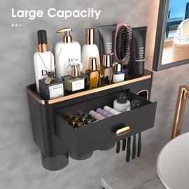 iHave Toothbrush Holders for Bathrooms - Upgrade Wall Mounted Toothbrush Holder with Toothpaste Dispenser - 3 Cups, Large Capacity Tray - Bathroom Accessories & Bathroom Storage