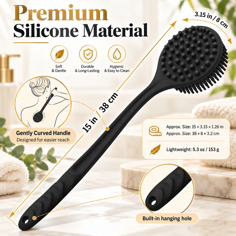 Silicone Back Scrubber Brush for Shower – Long Handle Double-Sided
