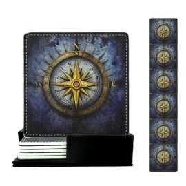 Compass Rose Coasters Square Leather Drinks Coaster Set with Holder for Coffee Table Bar Home Decor 4 Inches Set of 6
