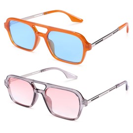 COASION Vintage 70s Flat Aviator Small Frame Sunglasses for Women Men Square Metal Design UV400 Protection Shades (Orange Frame/Blue Lens + Grey Frame/Gradient Pink)