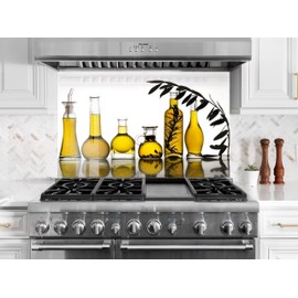 Myphotostation 30Wx15H'' Olive Oil Backsplash Olive Bottle Tempered Glass Backsplash, Glass Splashback For Kitchen, Stove Wall Protector, Cooker Wall Panel, Stove Back Cover