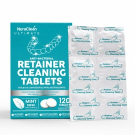 NuraClean Ultimate Retainer Cleaning Tablets Mint Fresh Removes Stains, Deposits, Odor, Safe for Retainers, Aligners, Dentures, Dentures, Dental Protection, 120 Tablets, Fast 15 Minute