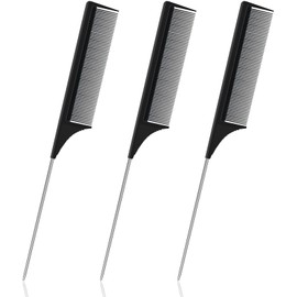 Sularpek 3 Pieces Tail Comb, Carbon Fibre Styling Comb, Rat Tail Comb, Anti Static, Heat Resistant, Steel Pintail Comb Cutting, Fine Tooth Comb, Teasing Hair Comb for Women and Men, Black