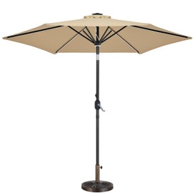 Yaheetech 9FT Solar Lighted Patio Umbrella w/30lb Heavy Duty Base, Large Outdoor Table Market Sunshade with Strip Lights & Hub Light, Crank & Tilt for Deck, Beach & Pool, Tan