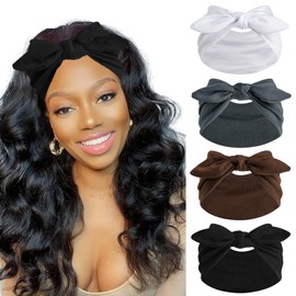 FULZTEY Bow Headbands for Women Wide Hairbands Vintage Large Headwrap Elastic Non Slip Workout Sports Head Band Knotted Thick Cotton Bandanas for Hair Accessories 4Pcs