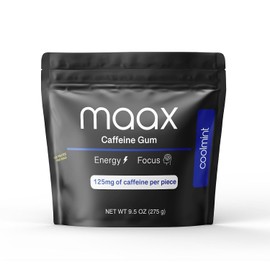 Maax Caffeinated Gum Goma Maax Cafeína Energética | 125Mg De Cafeína Por Pieza | Coolmint | 125 Piezas Totales Por Bolsa | Suplemento Focus