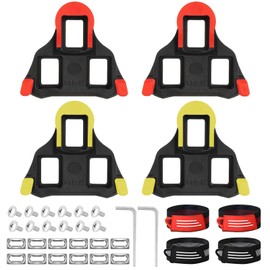 KATIMI Pack of 4 Cycling Shoes Cleats with Leg Straps, Road Bike Pedal Plates Compatible with SPD Cleats Shimano, Bicycle Pedal Cleats for Shimano Cleats and Indoor Outdoor Cycling Red Yellow