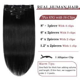 Clip in Hair Extensions 85g Natural Human Hair Extensions #1 Jet Black Straight Remy Human Hair Extensions Clip ins for Women 22 Inch 7pcs Easy to Instal
