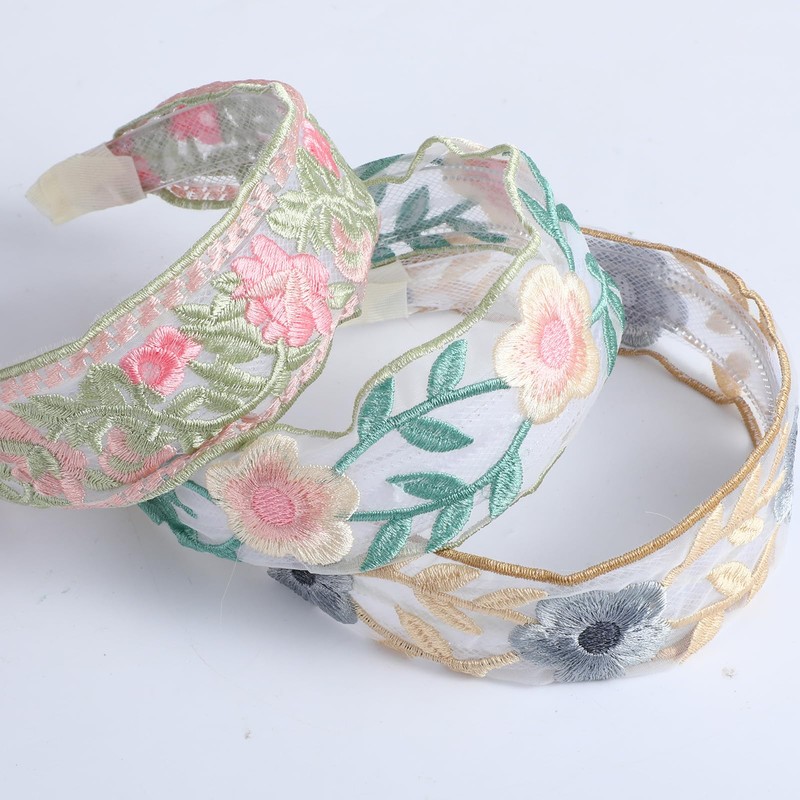 HJZHII 3 Pcs Floral Embroidery Headband for Women, Wide Embroidery
