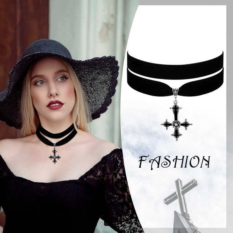 JEWELRYWE Choker Collar Cross Velvet Necklace: Cute Punk Gothic Simple