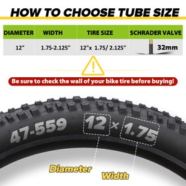 Hydencamm 2 Pack 12" / 12.5" Inch Bike Tube Fit 1.75/1.95/2.125 with 32mm Schrader Valve, 12.5 x 1.95 Bike Tube with 2PCS Levers, 12x2.125 Inner Tube Compatible with Kids Bikes, Strollers